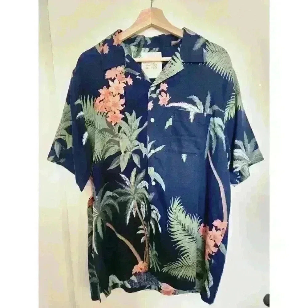 Tasso Elba Island %100 Silk Short‎ Sleeve Button Up Blue Tropical Shirt Mens L